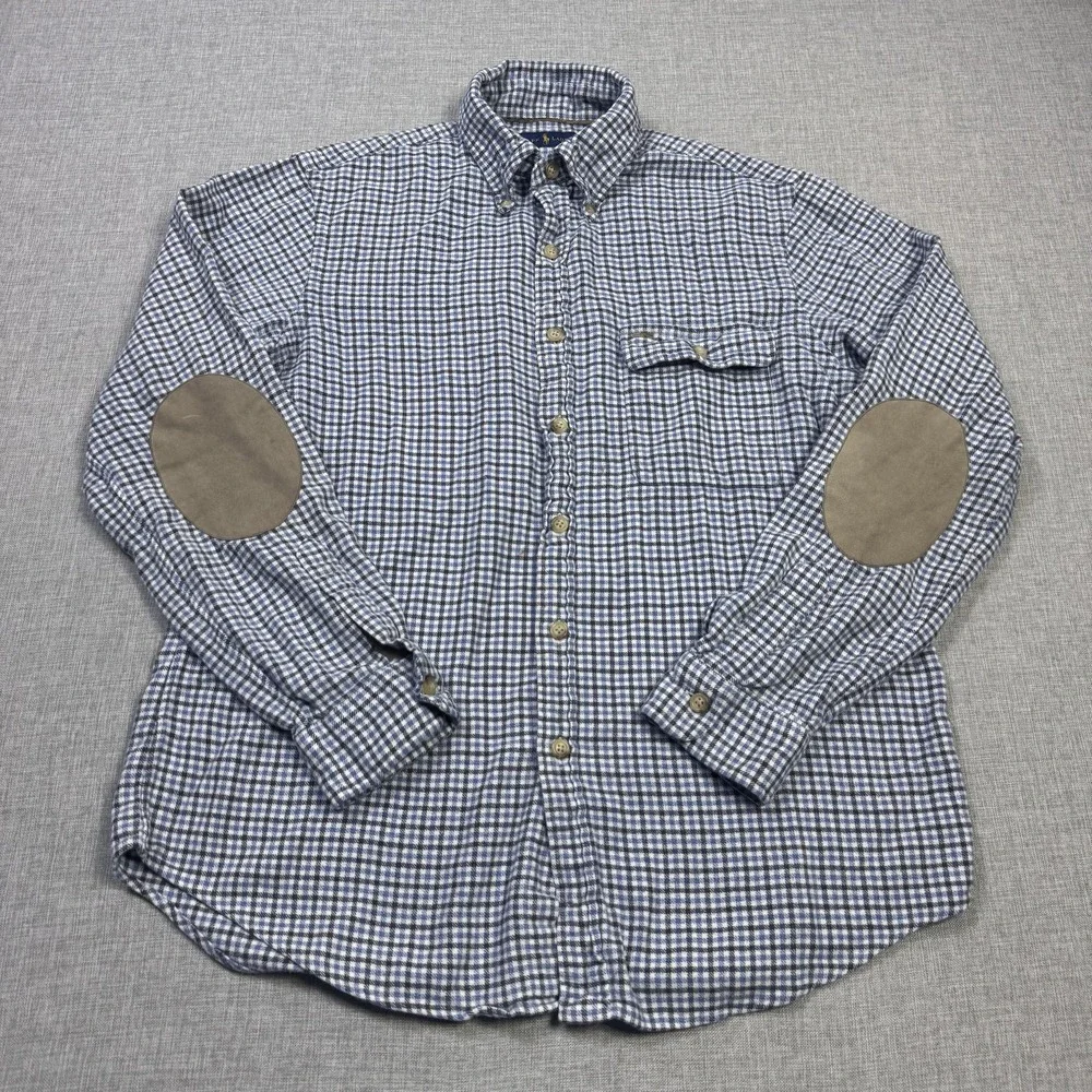 Ralph Lauren Flannel Button Shirt Mens Medium Blue Check Long Sleeve Suede Elbow
